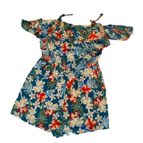 Hawaiian Print Cold Shoulder Ruffle Romper Large - Picture 1 of 8